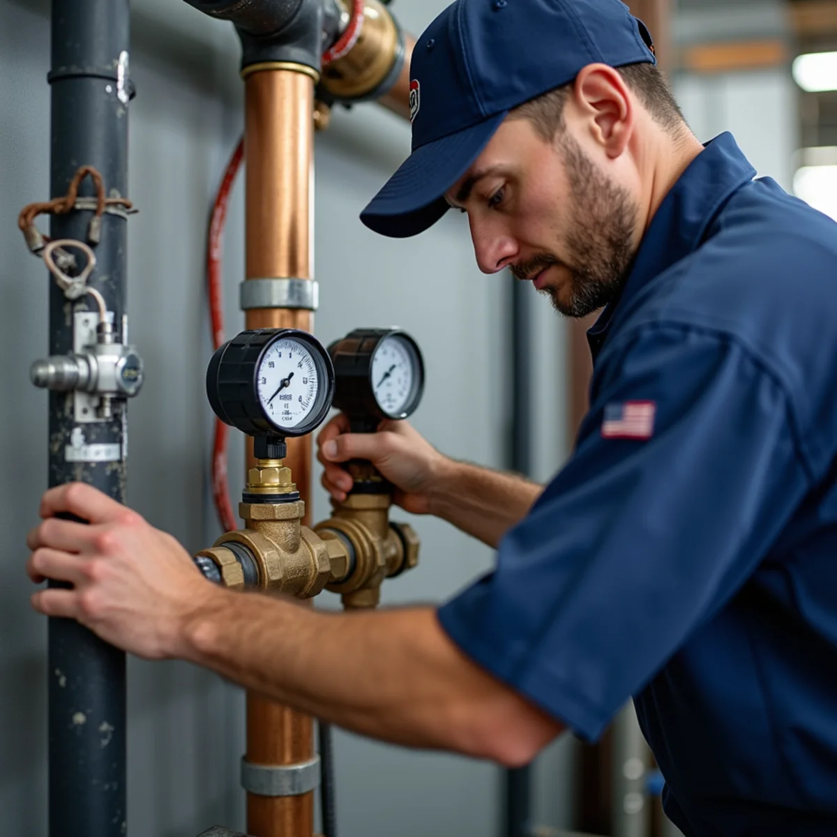 Certified plumber testing a commercial backflow preventer assembly at a business in Commerce City, Colorado