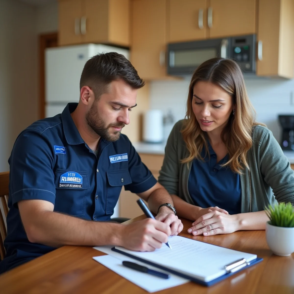 Plumber reviewing an emergency repair estimate with a homeowner in Englewood, Colorado