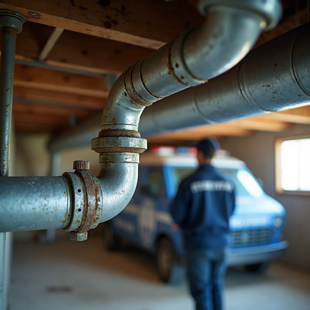 Exposed aging galvanized water pipes in the basement of an older Englewood, Colorado bungalow