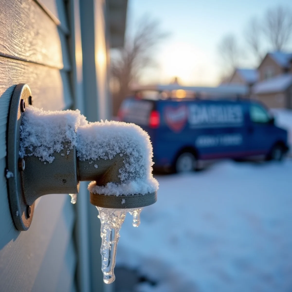 Frost-covered exterior water pipe on an Englewood, Colorado home during a winter freeze-thaw cycle