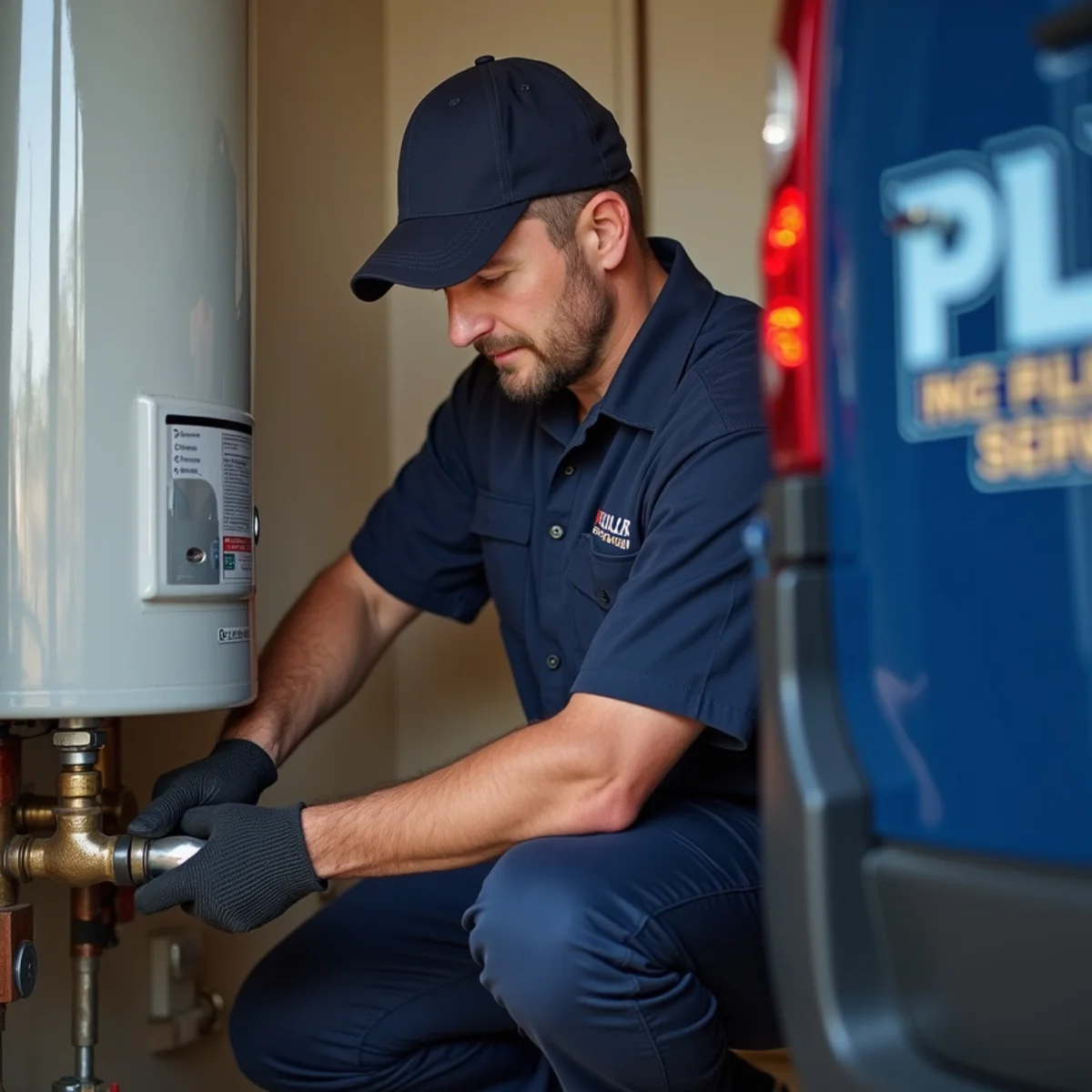 Plumber inspecting a natural gas line connection on a water heater in an Englewood, Colorado home