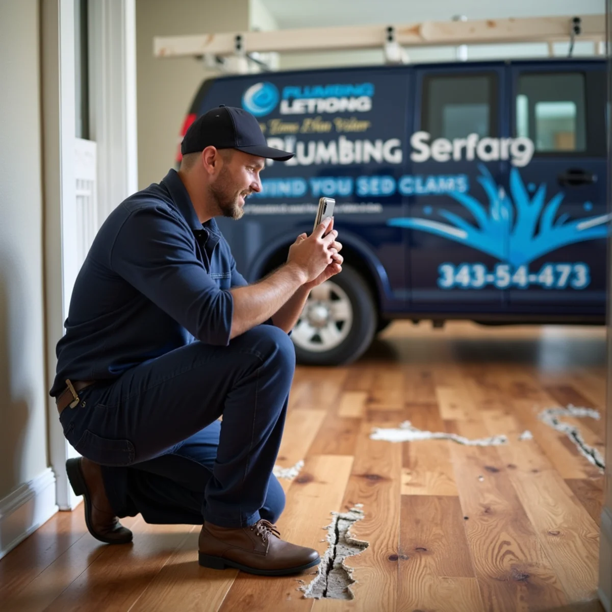 Homeowner photographing water-damaged flooring for an insurance claim in Littleton, Colorado
