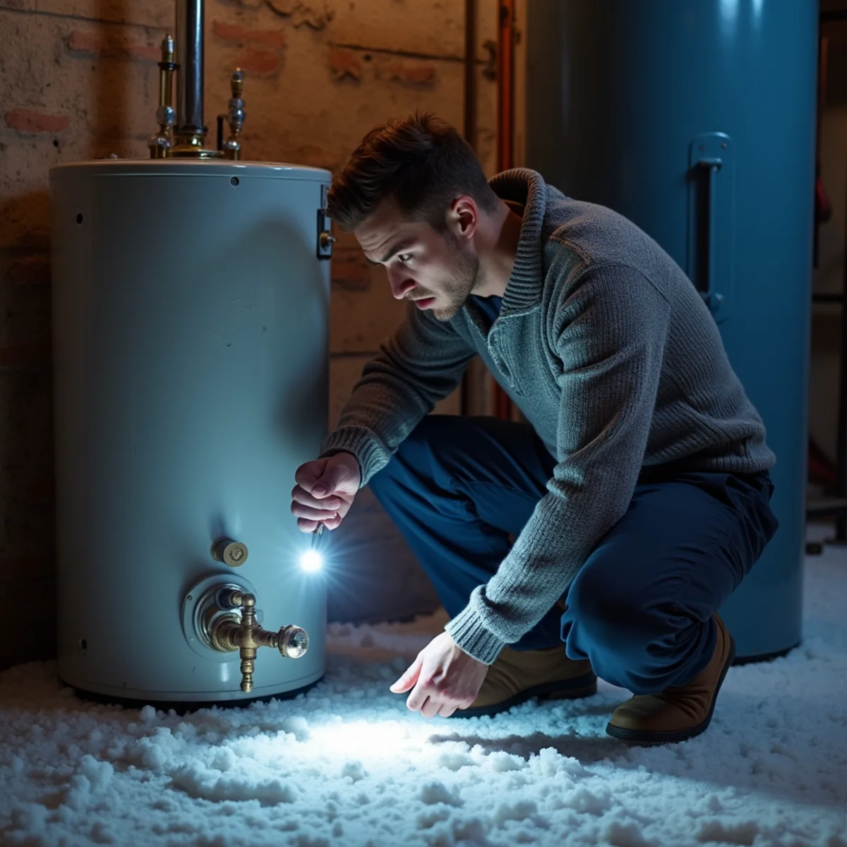 Homeowner checking a gas water heater in a cold basement in Centennial, Colorado