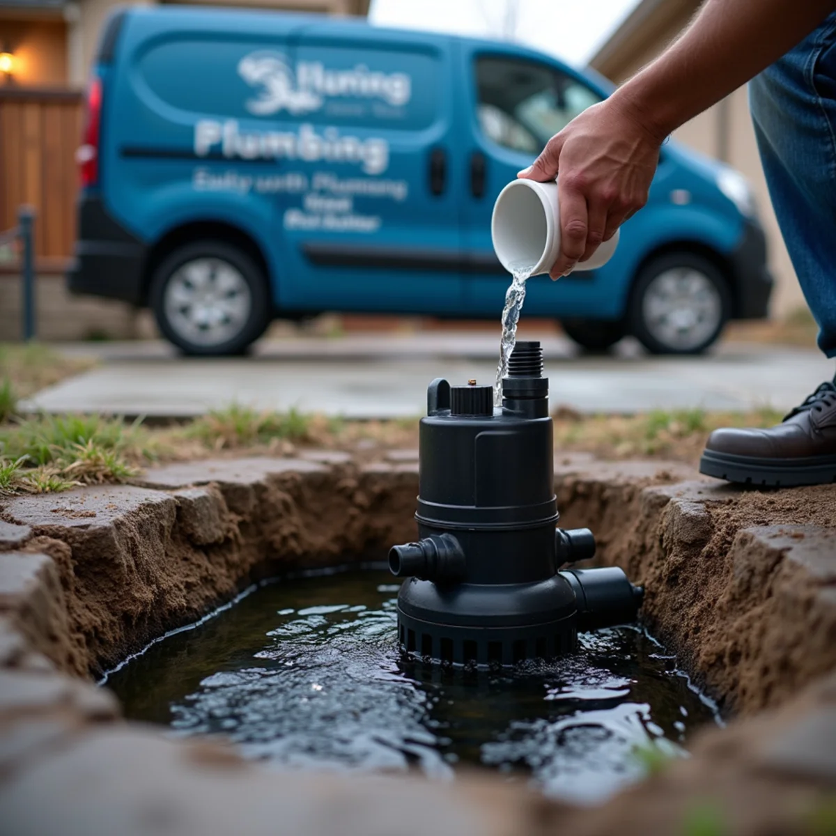 Sump pump in a basement pit being tested before spring snowmelt in a Longmont, Colorado home