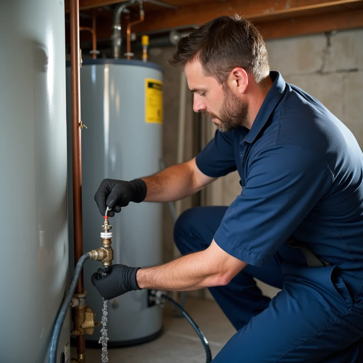Plumber draining and flushing a residential water heater tank during annual maintenance in Centennial, Colorado