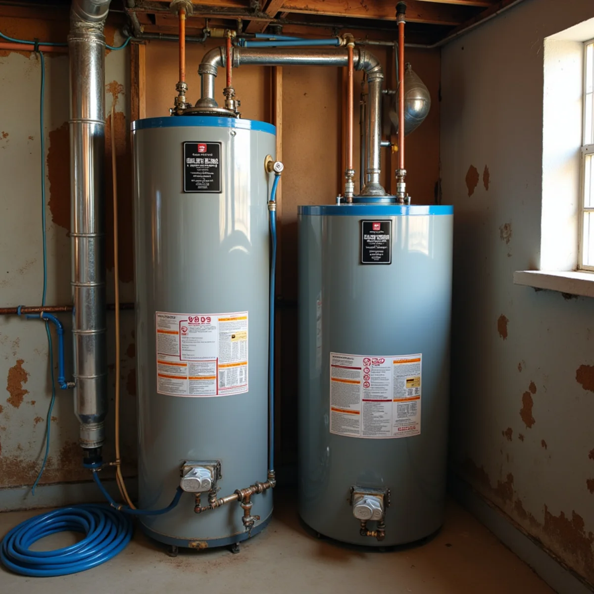 Old and new water heaters side by side in a Highlands Ranch, Colorado basement