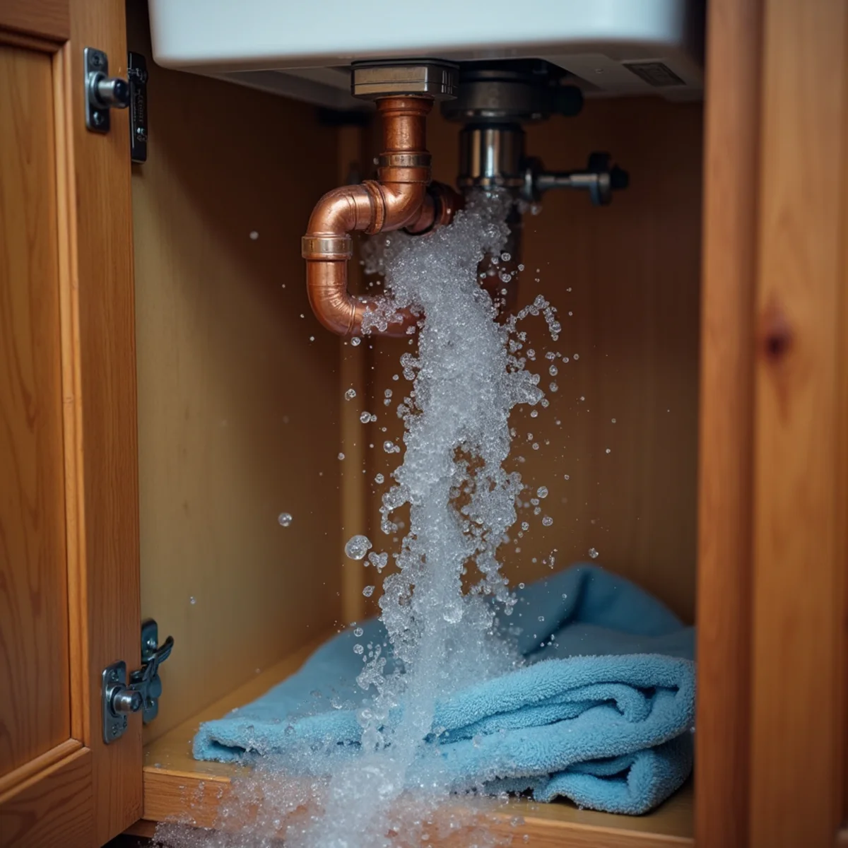 Water spraying from a burst copper pipe under a sink in an Englewood, Colorado home