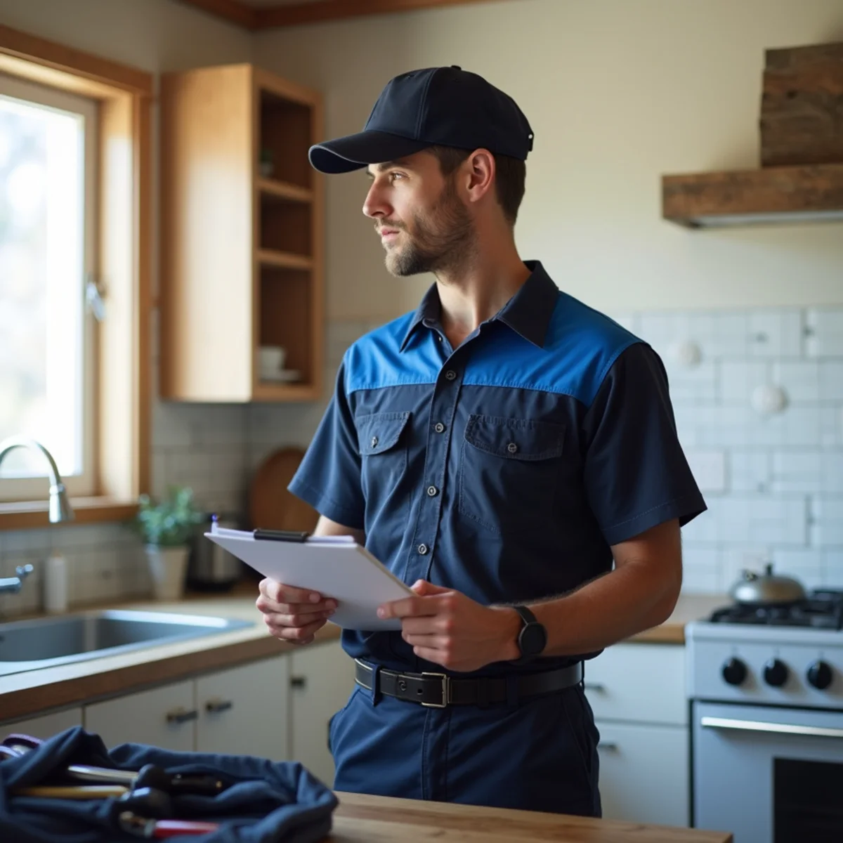 Plumber reviewing plumbing plans at a Colorado home