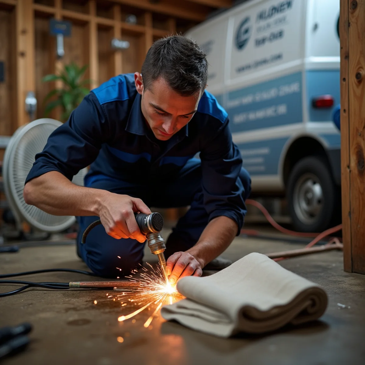 Licensed plumber performing burst pipe repair in an Englewood, CO home
