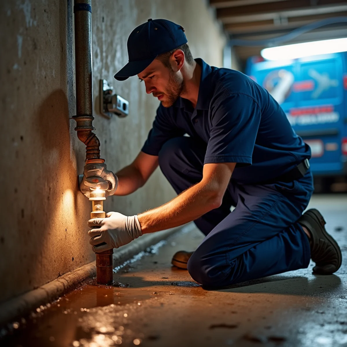 Emergency plumber repairing a burst pipe in an Englewood, CO basement