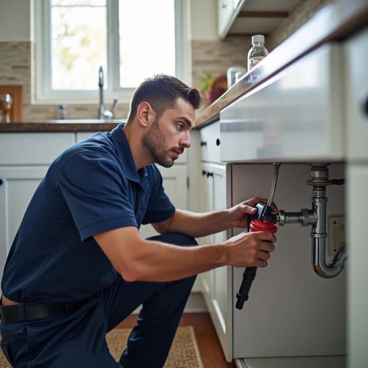 Plumber clearing a clogged kitchen drain in an Englewood, CO home