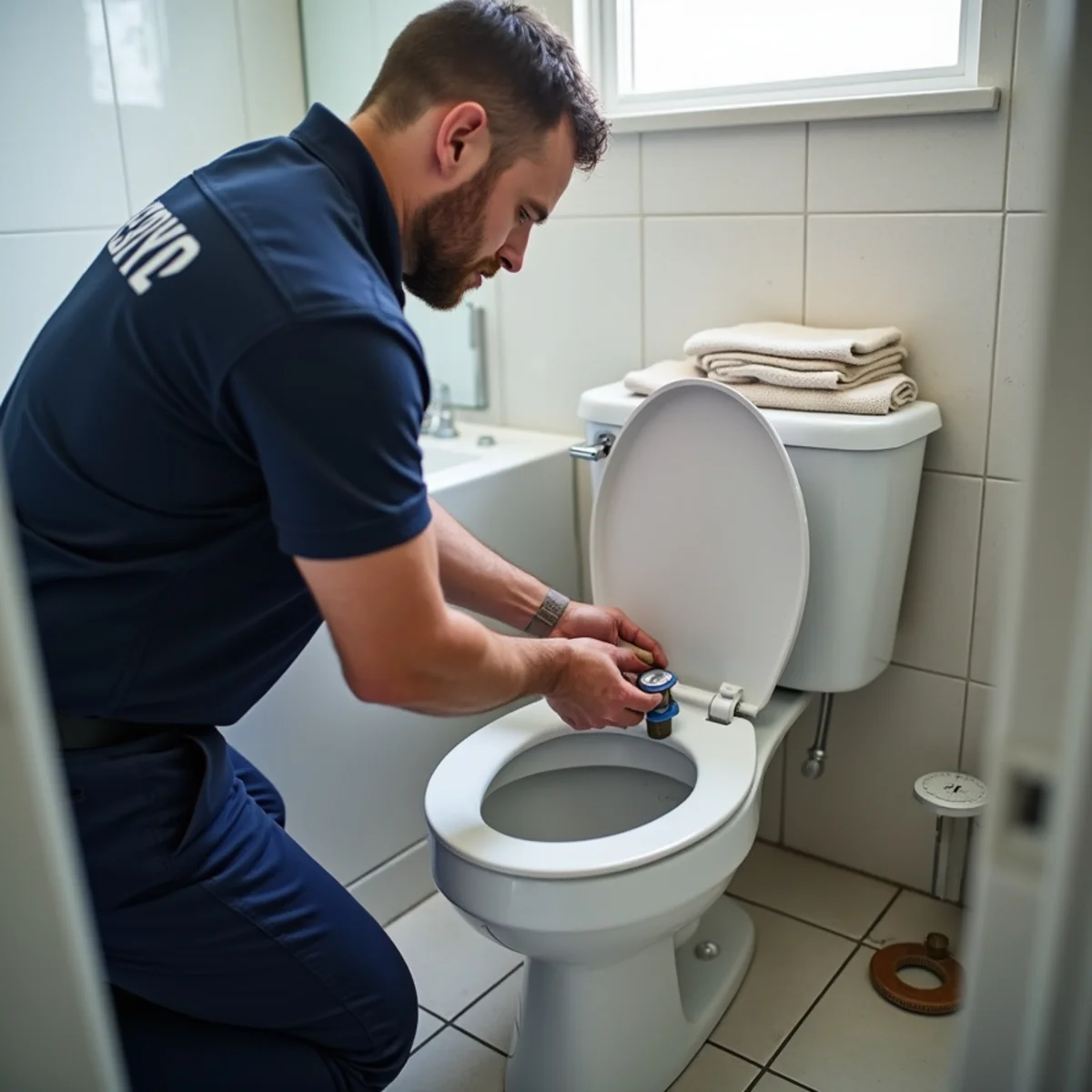Licensed plumber performing faucet & toilet repair in an Englewood, CO home