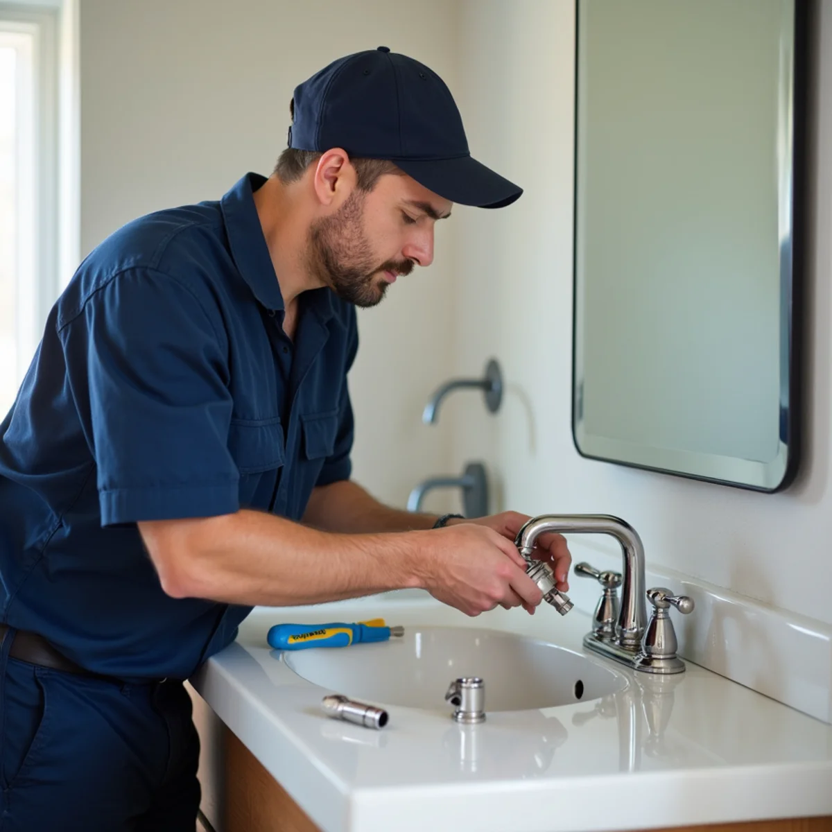 Plumber repairing a bathroom faucet in an Englewood, CO home