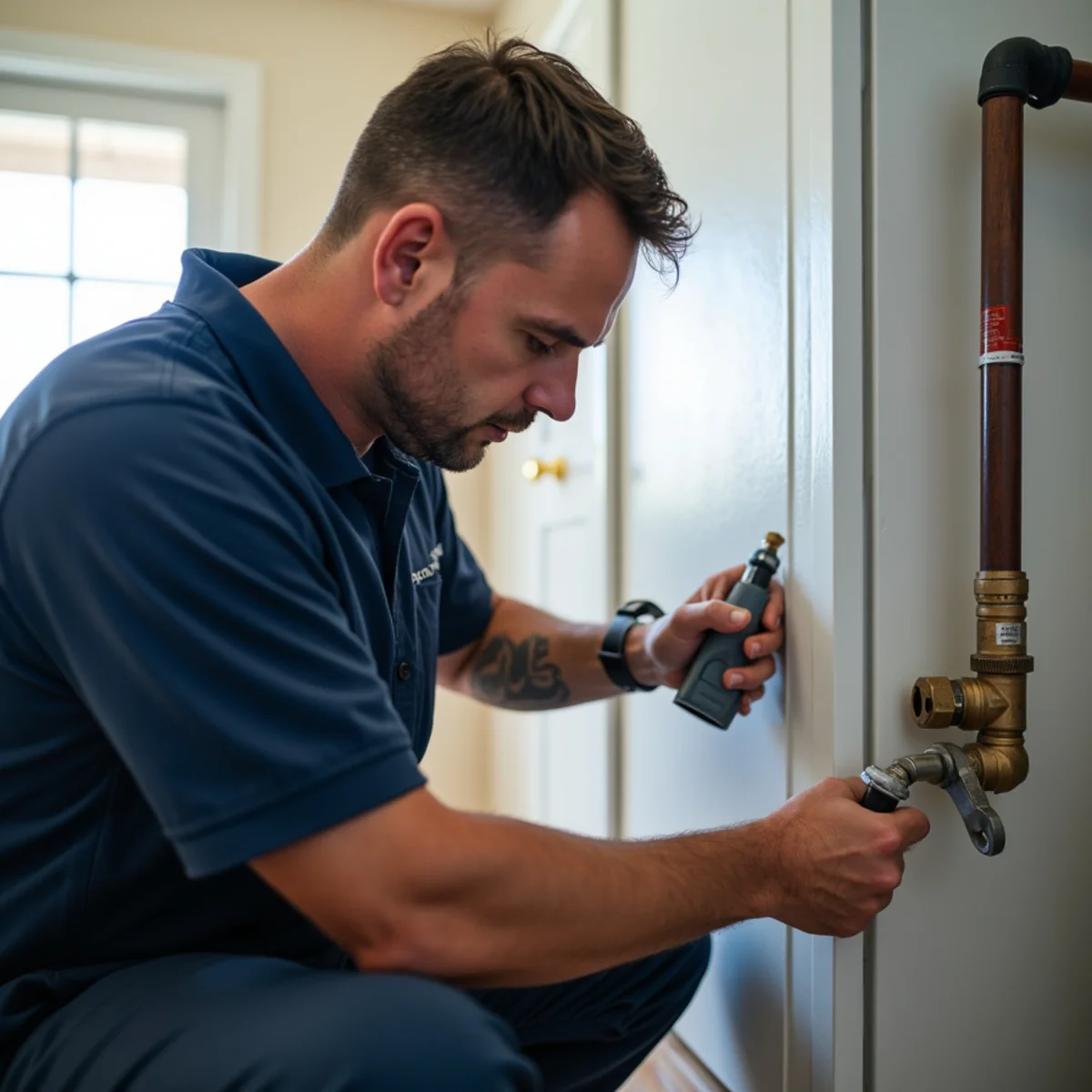 Licensed plumber performing gas line service in an Englewood, CO home
