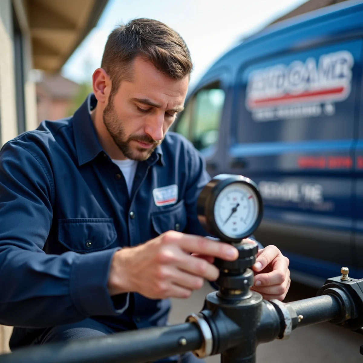 Licensed plumber pressure-testing a gas line at an Englewood, CO home