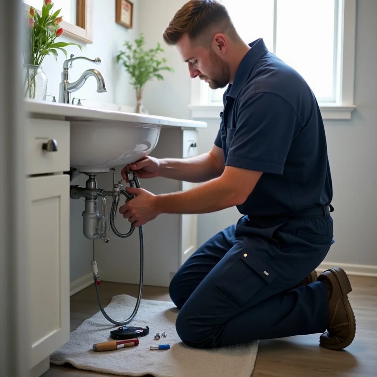 Licensed plumber performing residential plumbing in an Englewood, CO home