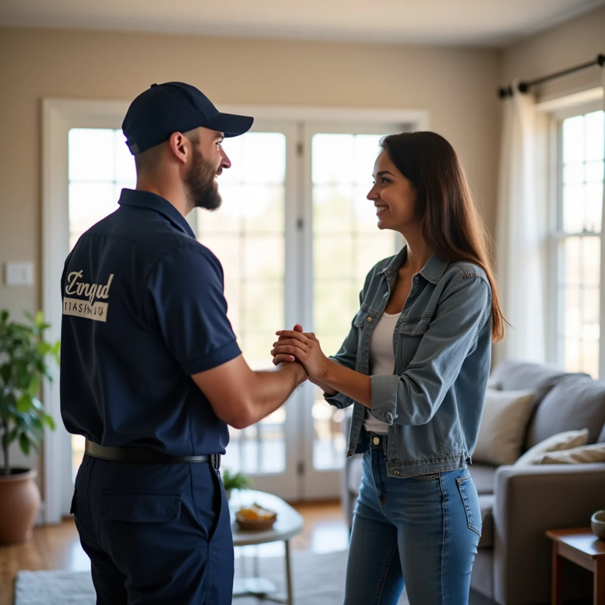 Satisfied homeowner shaking hands with a plumber in Englewood, CO