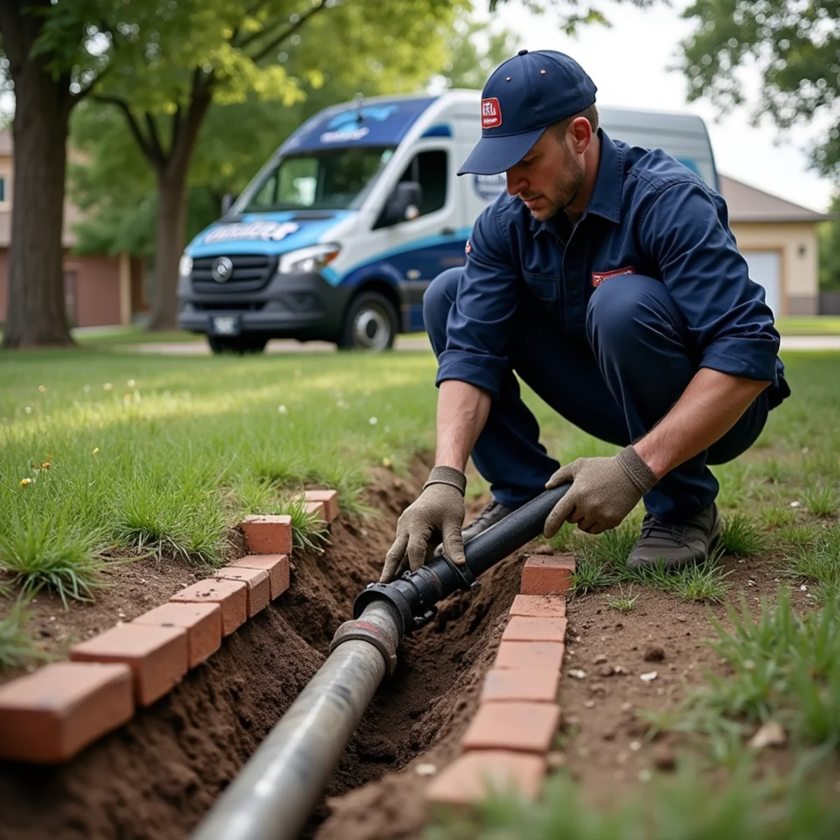 Licensed plumber lining a root-damaged sewer pipe at an Applewood, CO ranch home