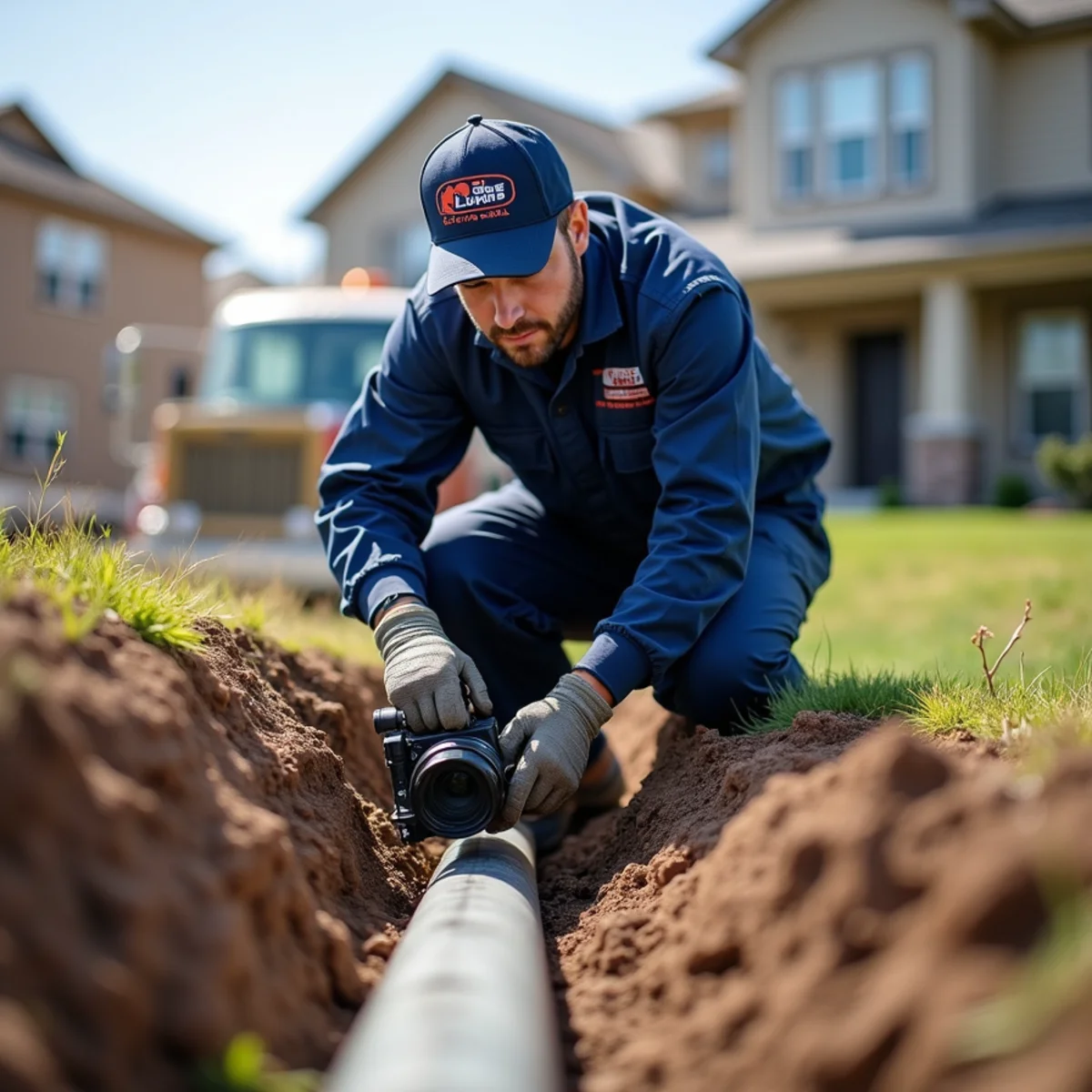 Licensed plumber inspecting a sewer line at an Aurora, CO home