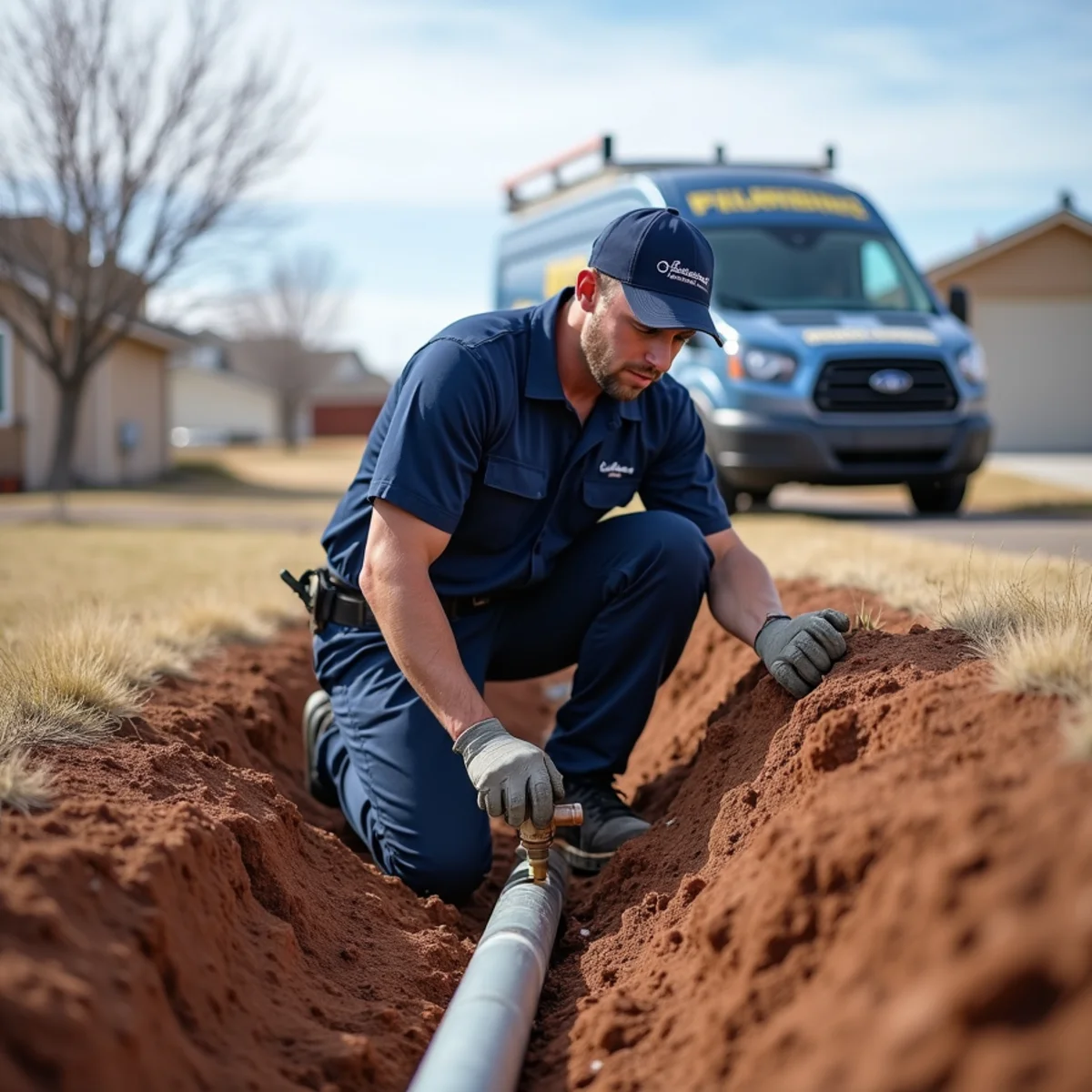 Licensed plumber repairing a sewer line at a Brighton, CO home