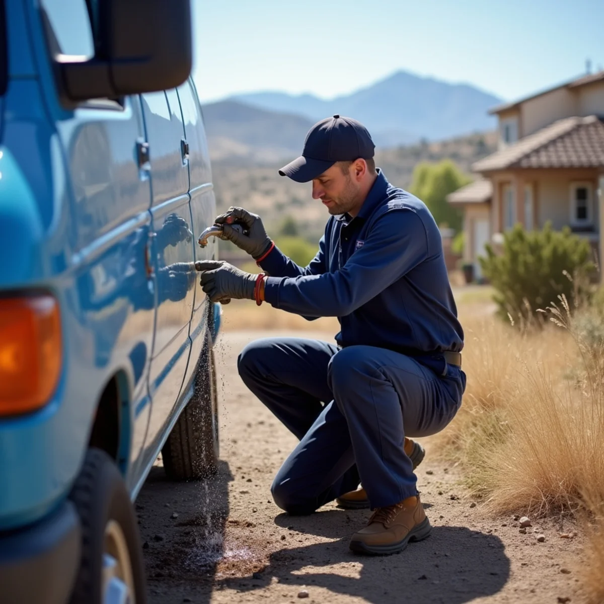 Licensed plumber servicing a hard-water water heater in a Castle Rock, CO home