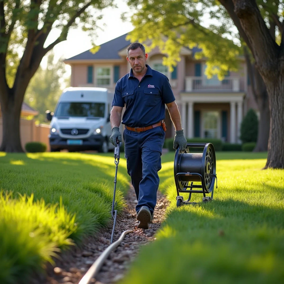Licensed plumber inspecting a long sewer lateral at a Cherry Hills Village, CO estate