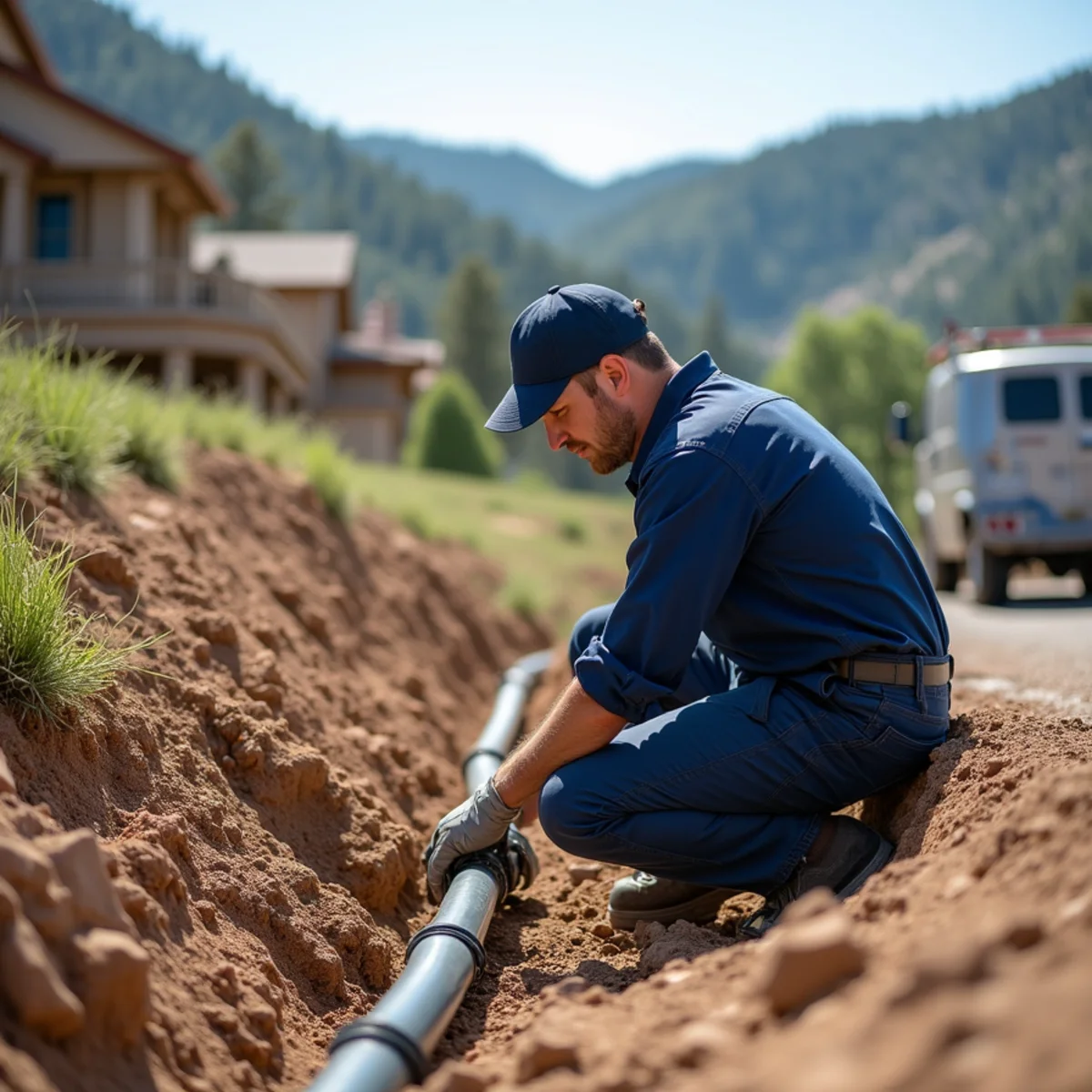 Licensed plumber repairing a sloped sewer line at a Dakota Ridge, CO home