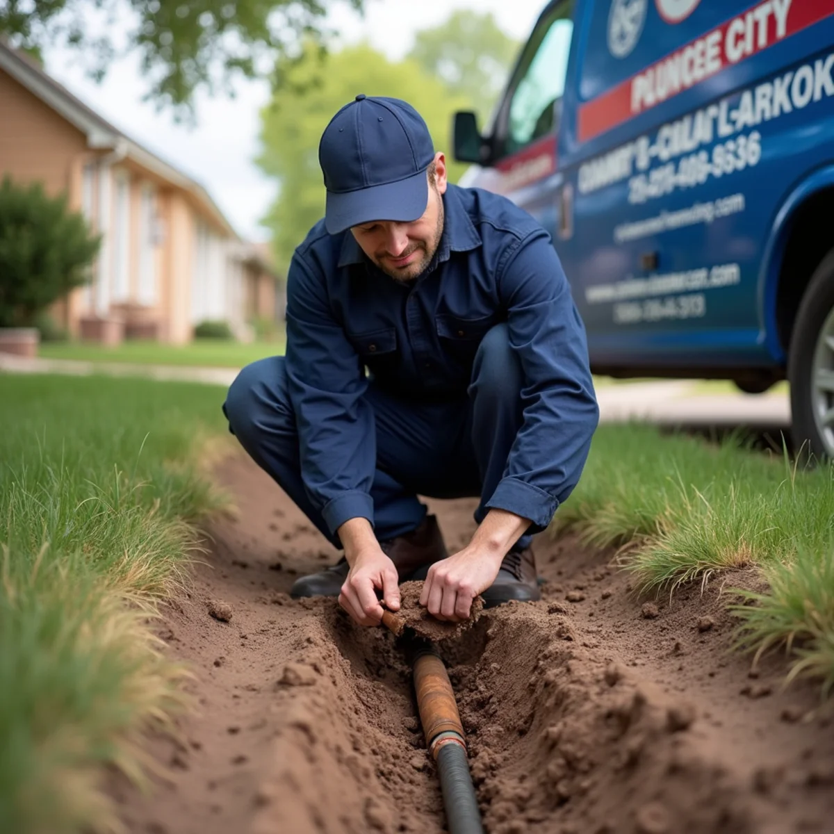 Licensed plumber repairing a clay sewer lateral at a Derby, CO home