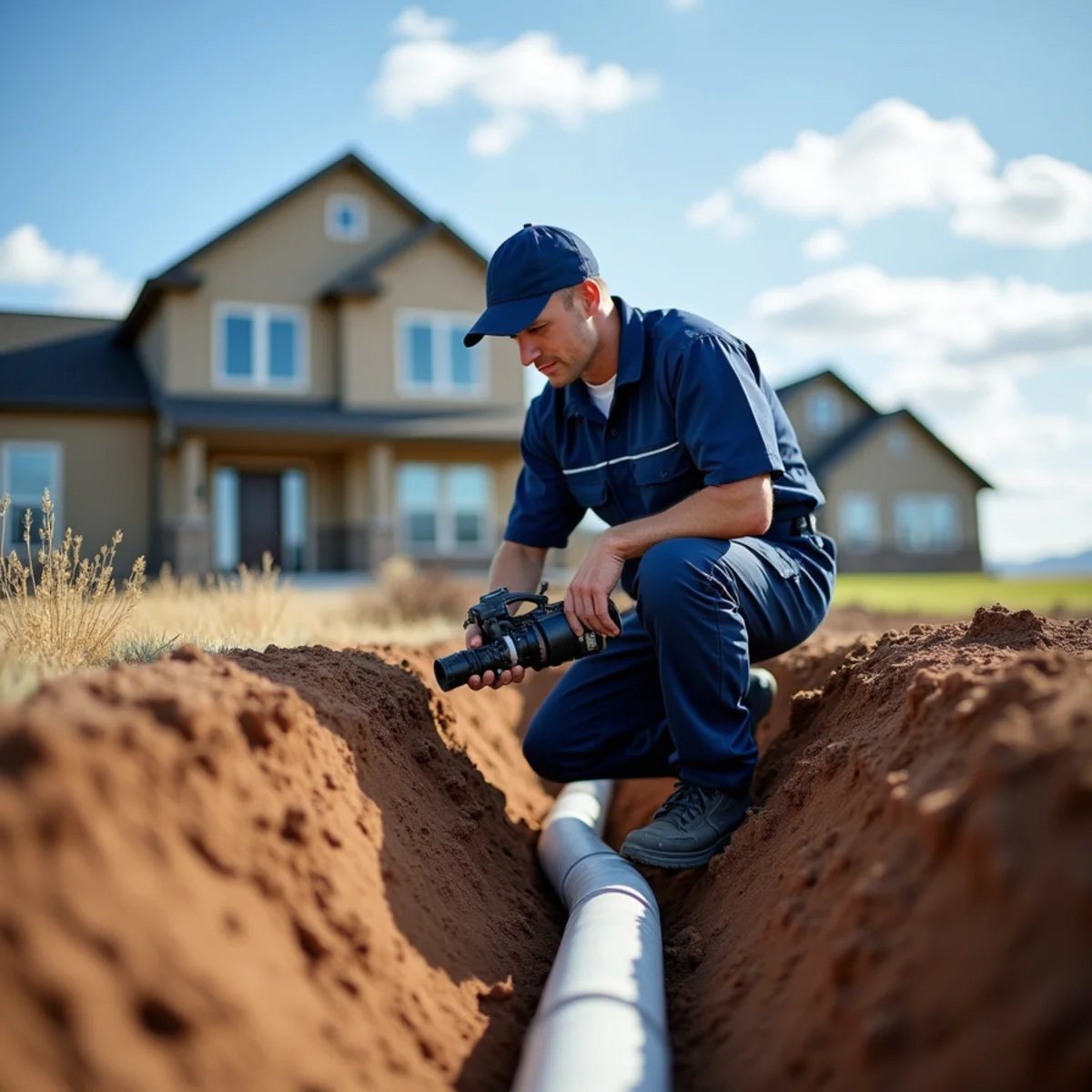 Licensed plumber inspecting a settled sewer line at an Erie, CO home