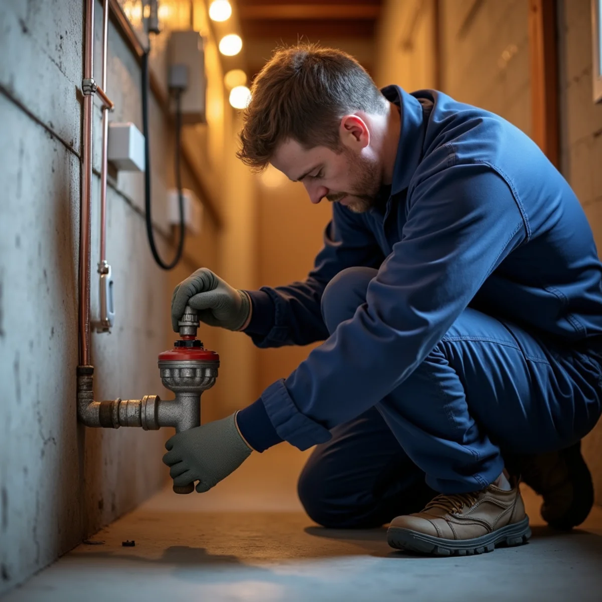 Licensed plumber installing a backwater valve at an Evans, CO home near the South Platte