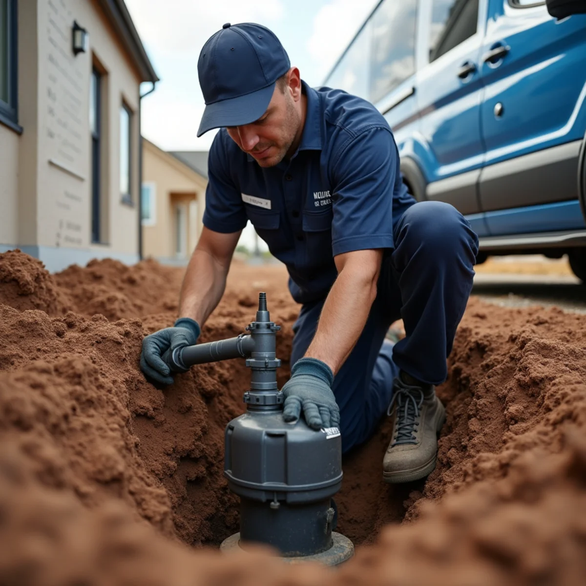 Licensed plumber installing a sump pump in a new Firestone, CO home