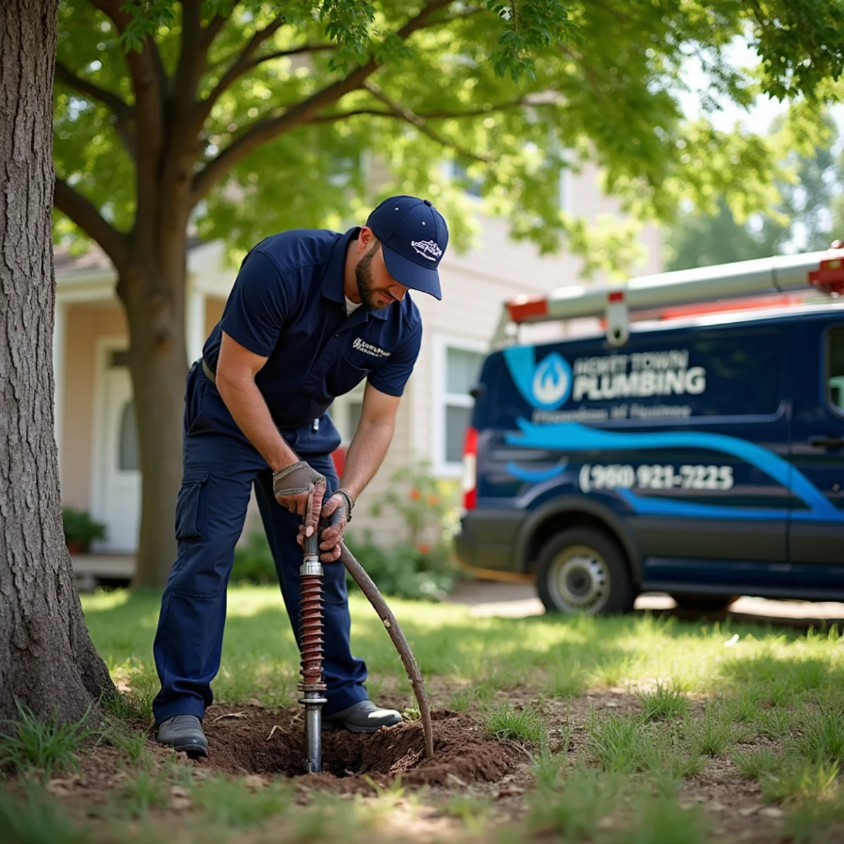 Licensed plumber clearing tree roots from a sewer at a Fort Collins, CO home