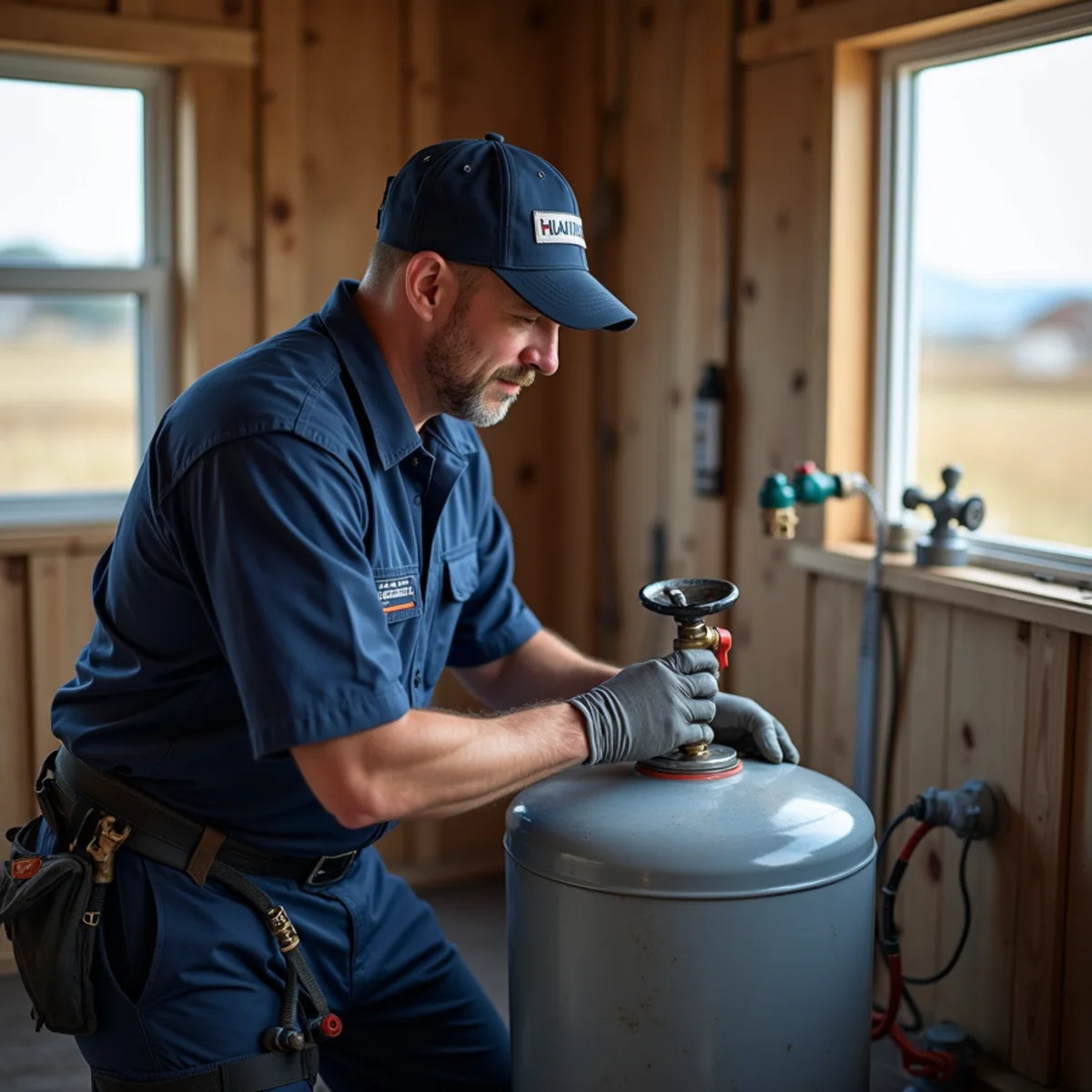 Licensed plumber servicing a well pressure system at a Foxfield, CO acreage home