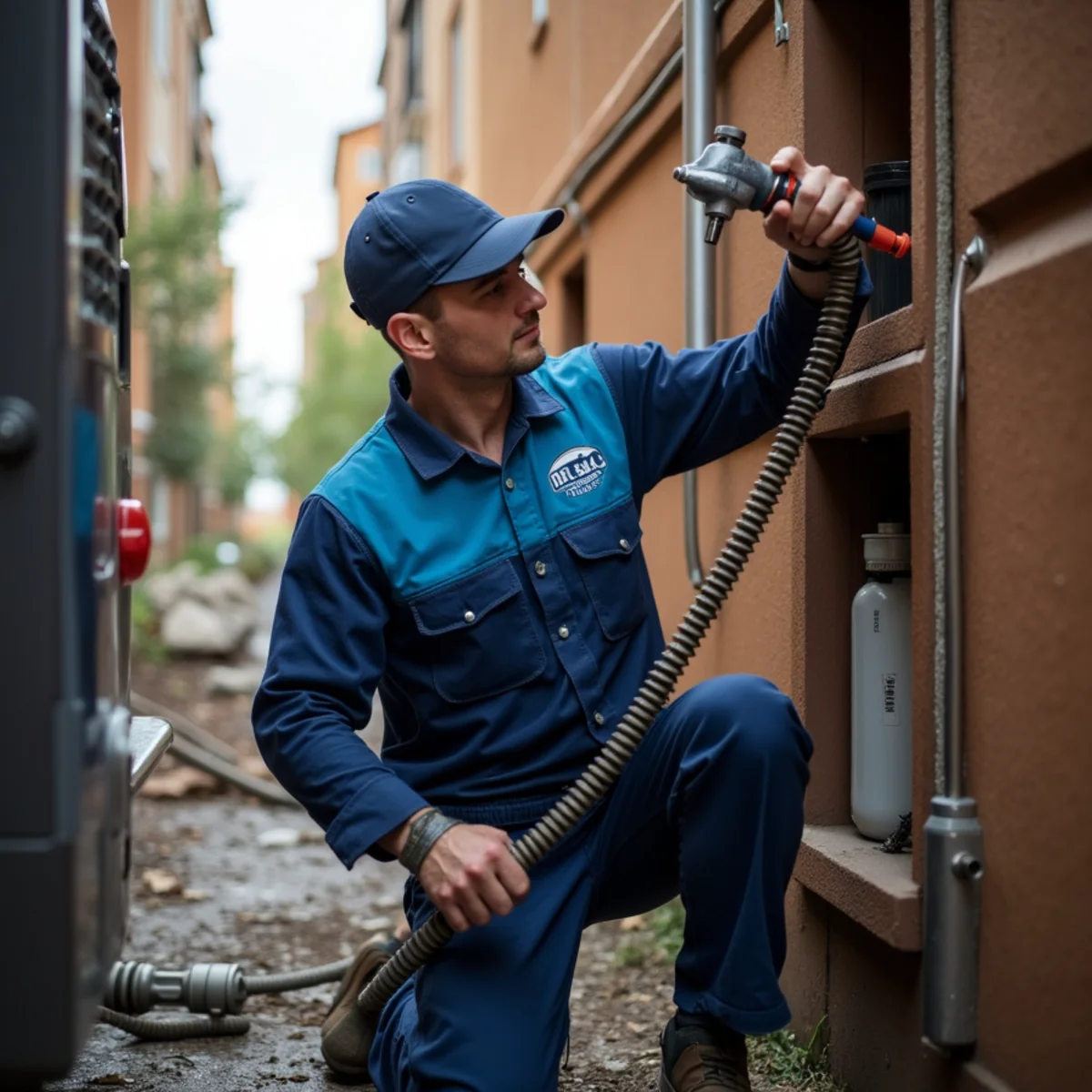 Licensed plumber clearing a shared drain stack in a Glendale, CO condo building