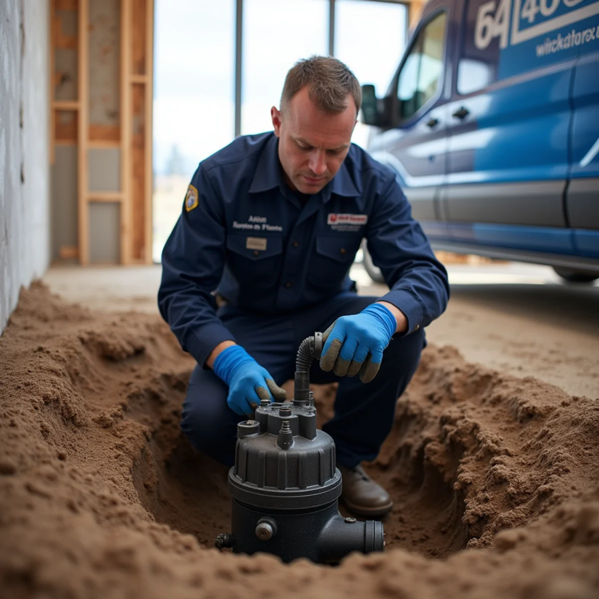 Licensed plumber installing a sump pump in a new Johnstown, CO home
