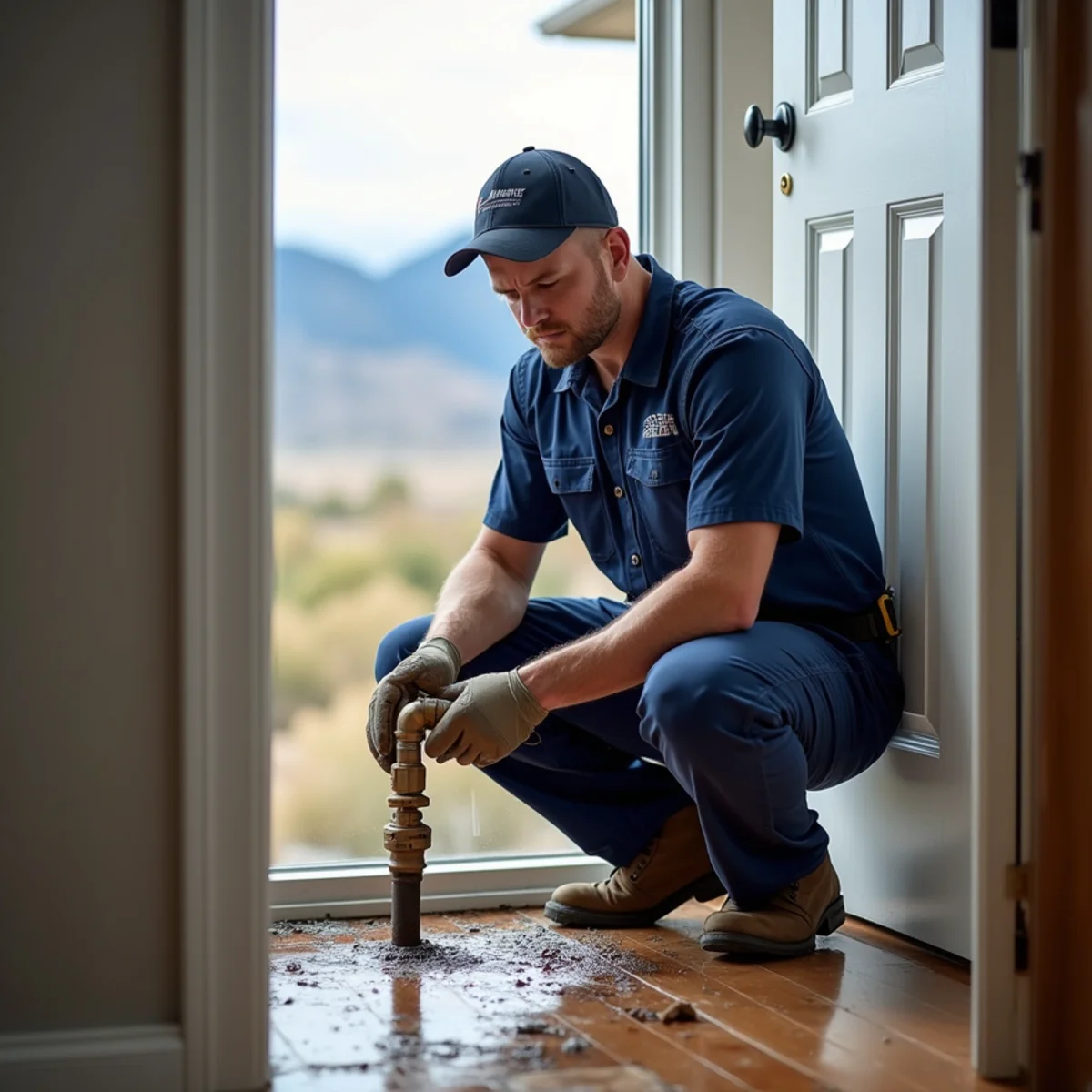 Licensed plumber installing flood-protection plumbing in a Loveland, CO home