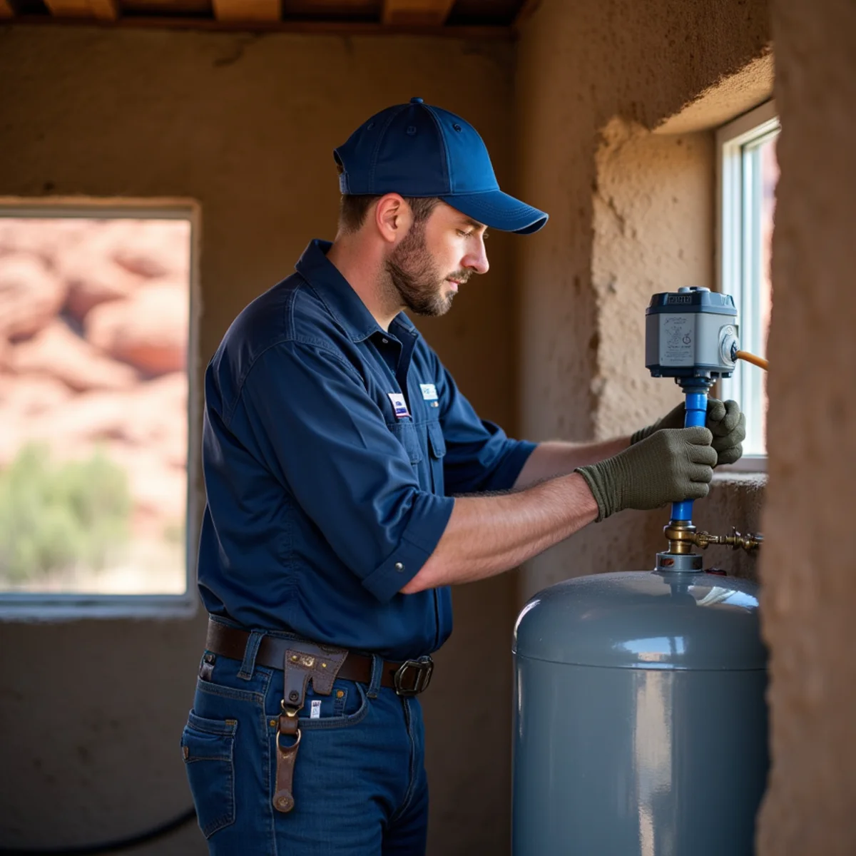 Licensed plumber servicing a well pressure system at a Roxborough Park, CO home