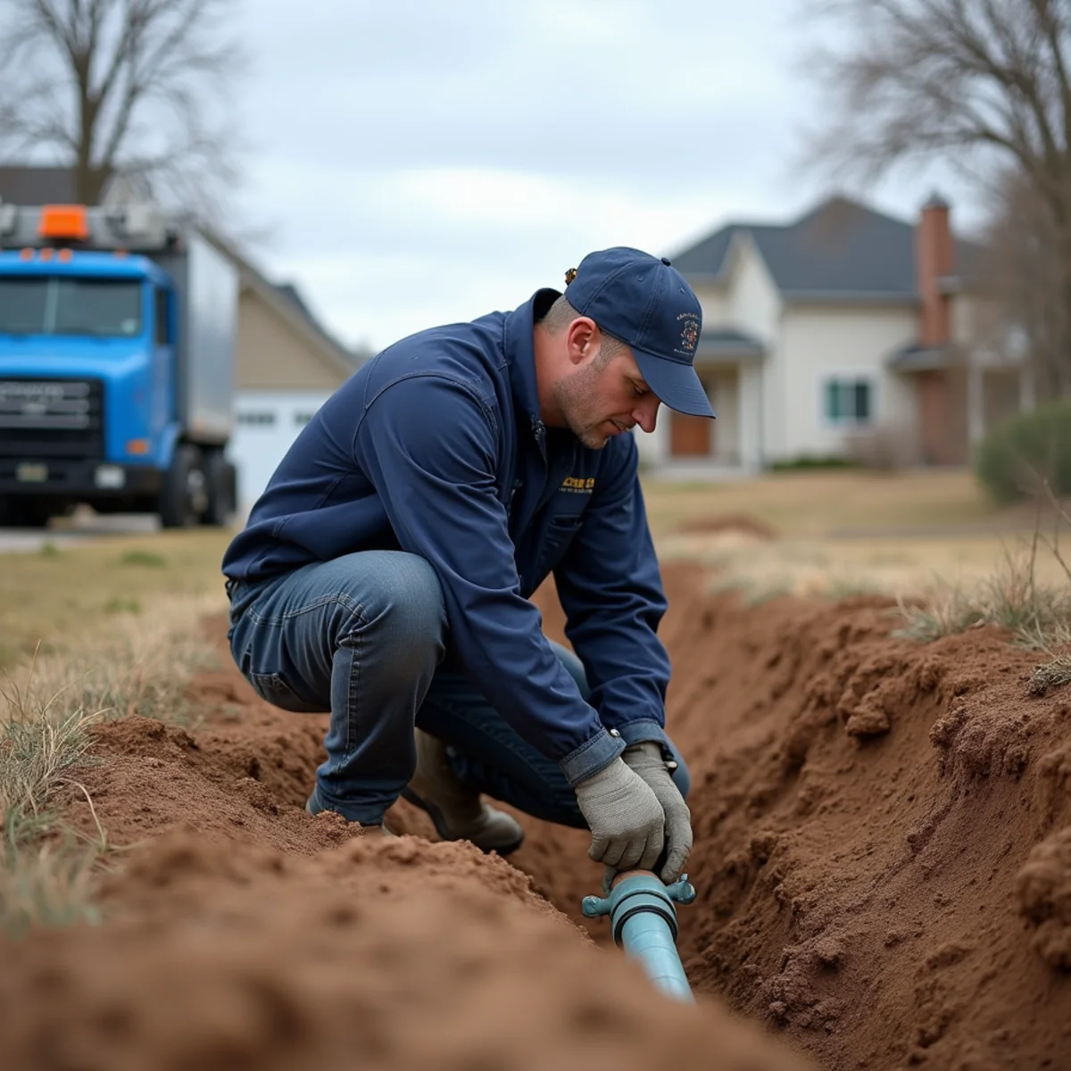 Licensed plumber connecting a sewer lateral at a Welby, CO home