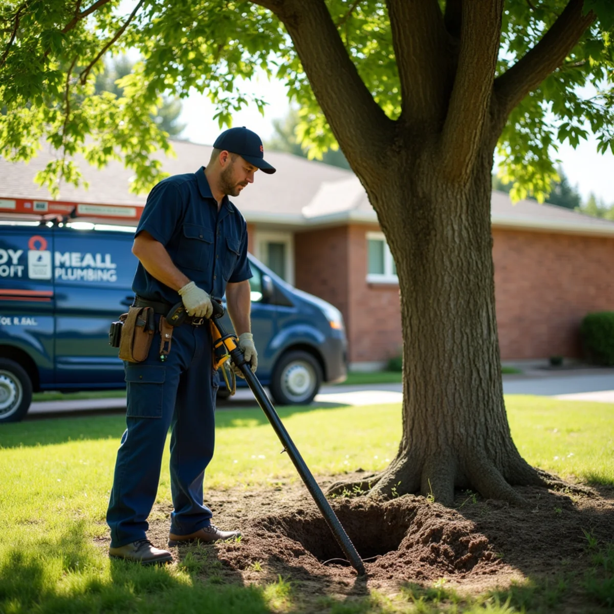 Licensed plumber clearing tree roots from a sewer line at a Wheat Ridge, CO home