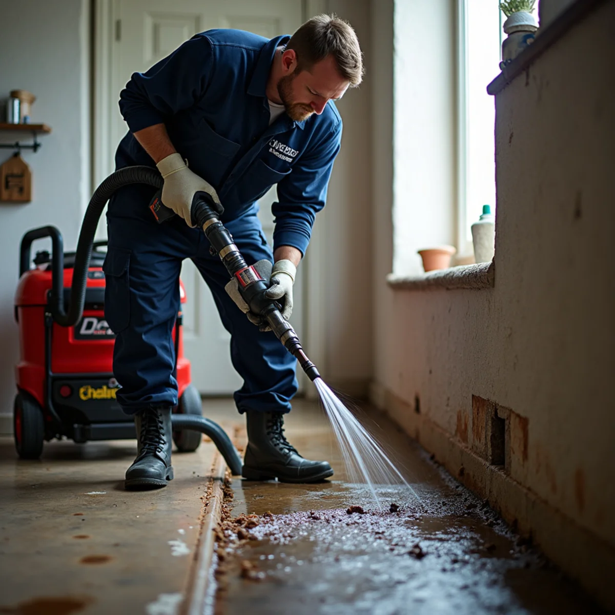 Licensed plumber performing sewer backup cleanup in an Englewood, CO home