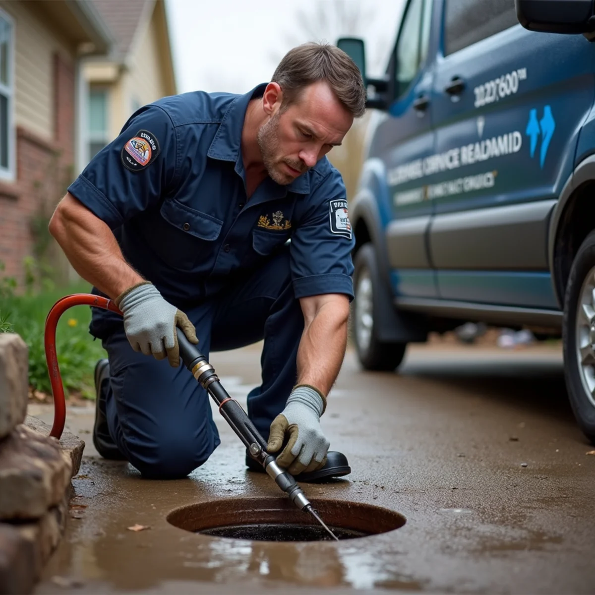 Plumber clearing a sewer main-line backup at an Englewood, CO home
