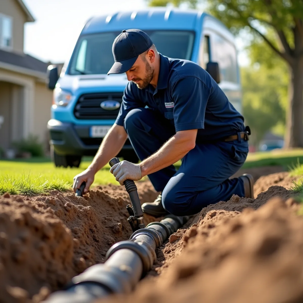 Licensed plumber performing sewer line repair in an Englewood, CO home