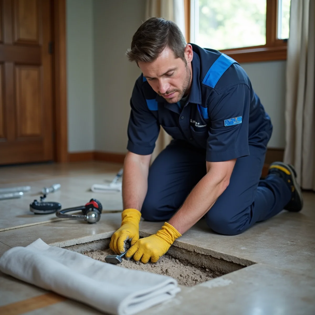 Licensed plumber performing slab leak repair in an Englewood, CO home