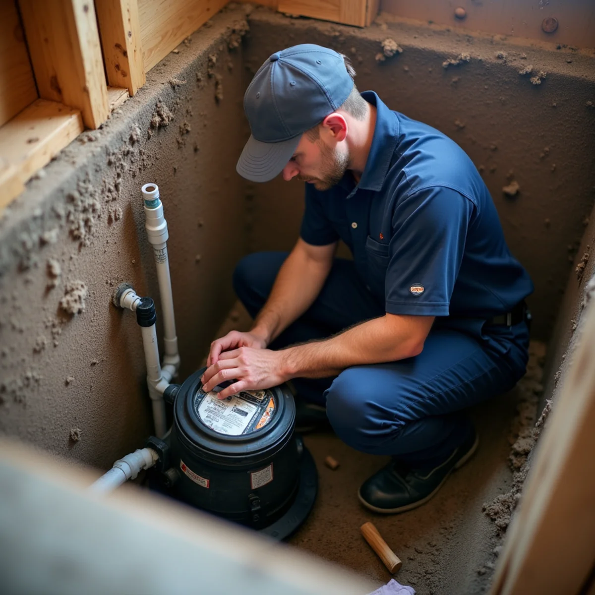 Licensed plumber performing sump pump service in an Englewood, CO home