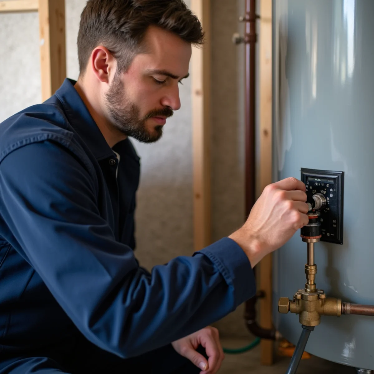 Licensed plumber performing water heater repair in an Englewood, CO home