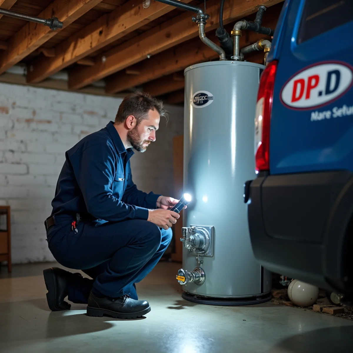 Plumber inspecting a tank water heater in an Englewood, CO basement